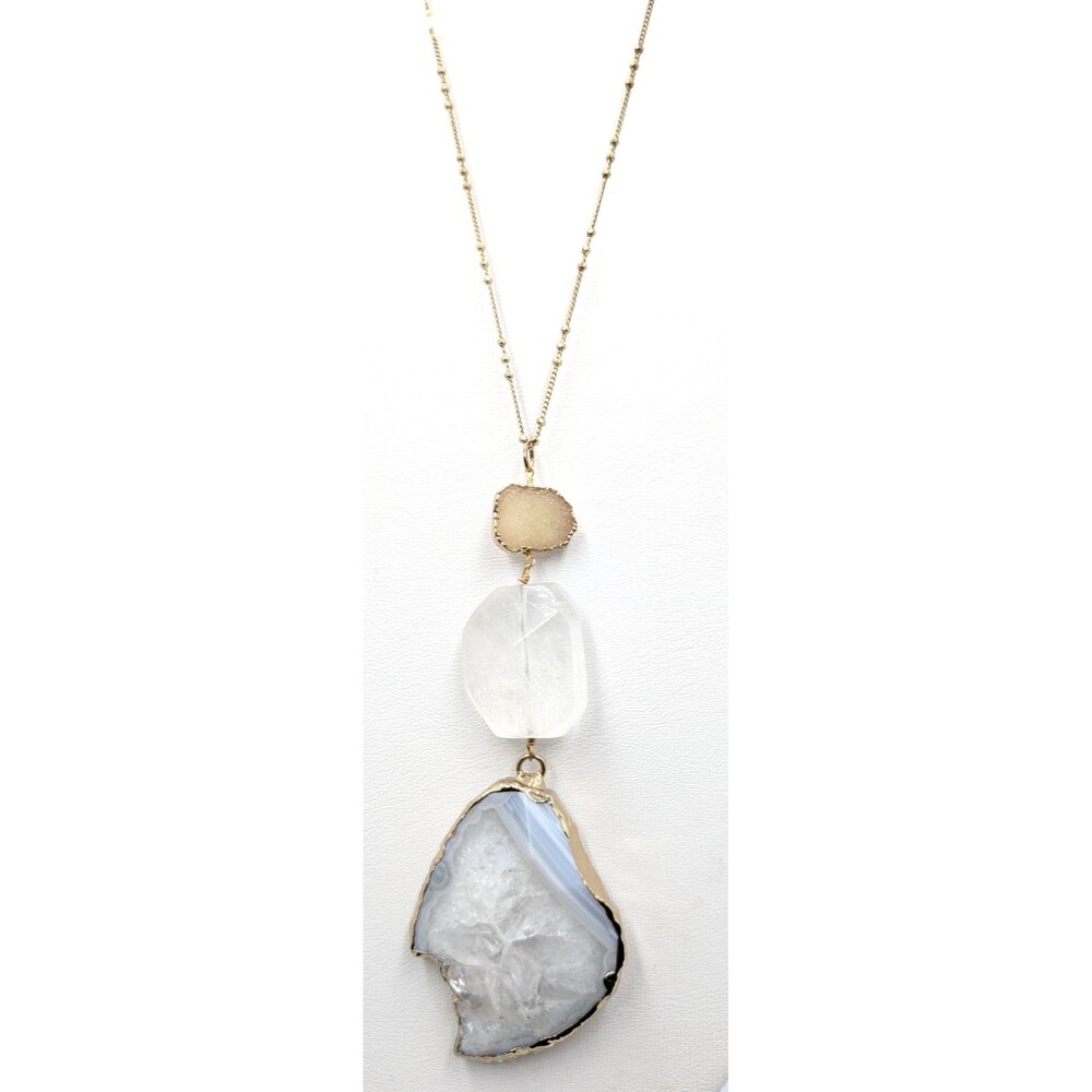 Serefina Necklace Druzy Agate Quartz Gold Tone Large Pendant Signed 15 inch 38g